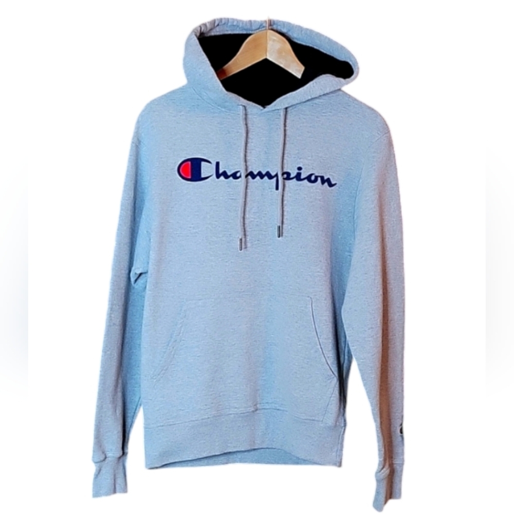 Champion Men's Classic Script Logo Pullover Hoodie Gray Kangaroo Pocket, Small